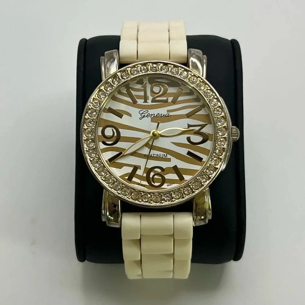 Geneva Platinum Oversized Ladies Zebra Watch Working